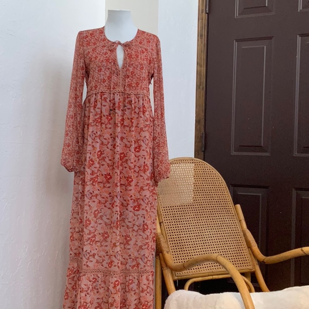 Sheer Fall Long Sleeve Maxi Dress Keyhole Ruffle Tiered Hem Prairie Cottagecore - Picture 2 of 10